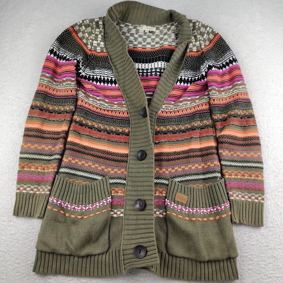 Billabong Sweaters - Billabong Olive Green Multicolor Striped Knit Cardigan